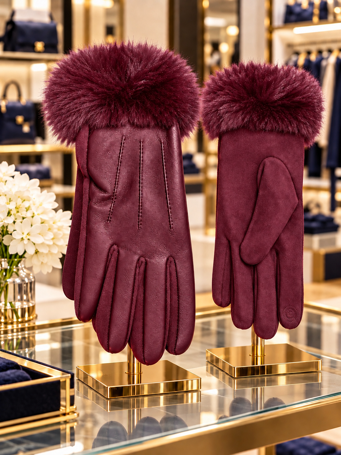 Faux Leather Fur-Trim Gloves
