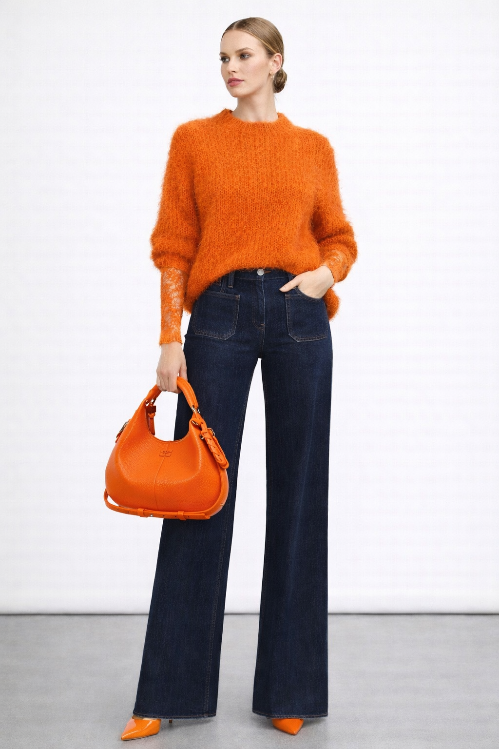 Orange Knit Jumper with Lace Detail Sleeves