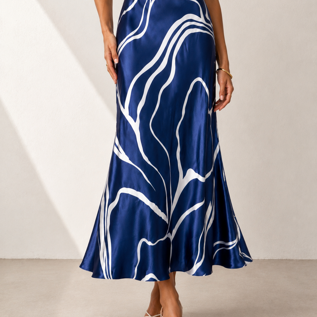 Abby - Abstract Print Satin Bias Cut Midi Skirt