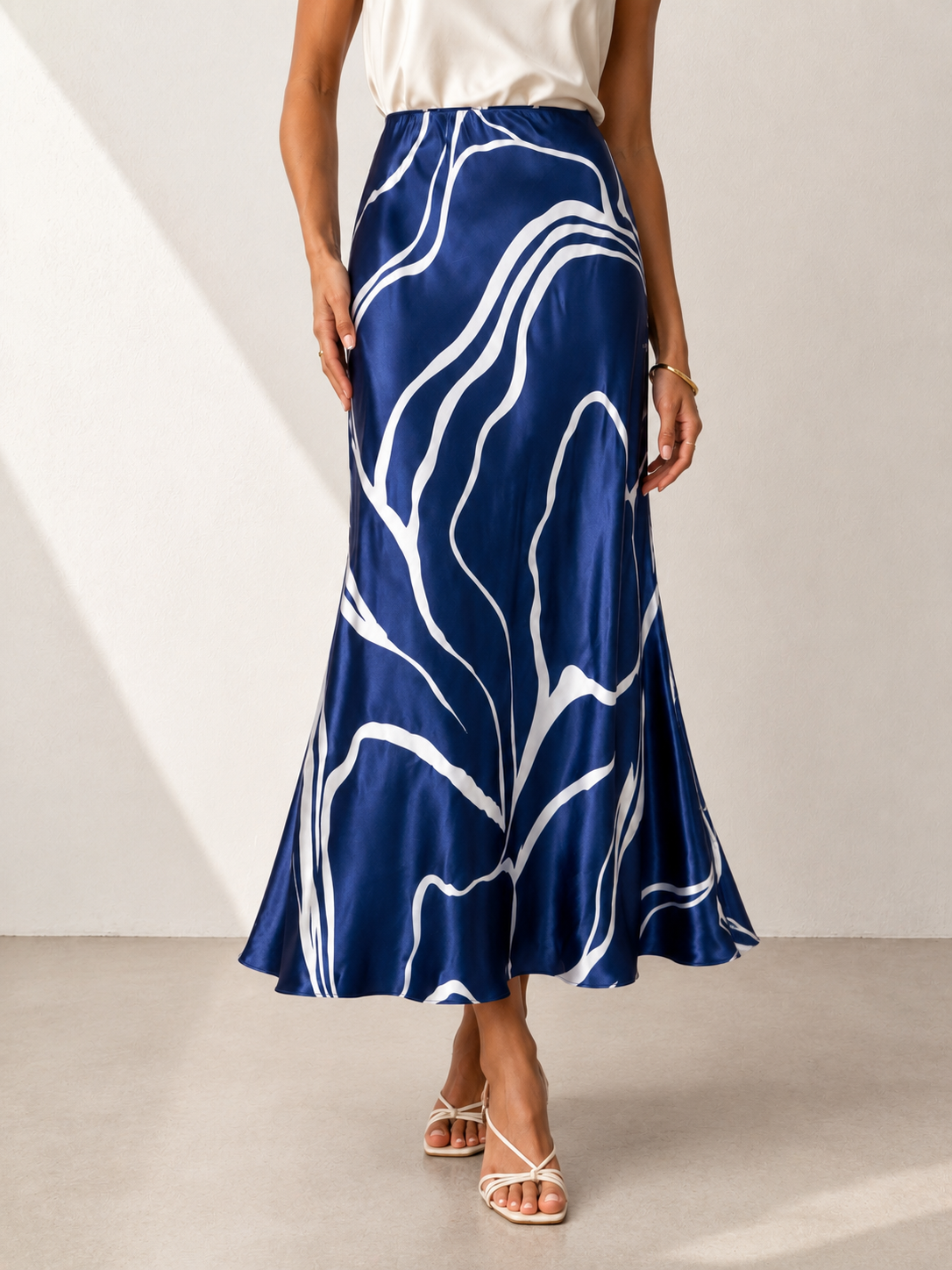 Abby - Abstract Print Satin Bias Cut Midi Skirt