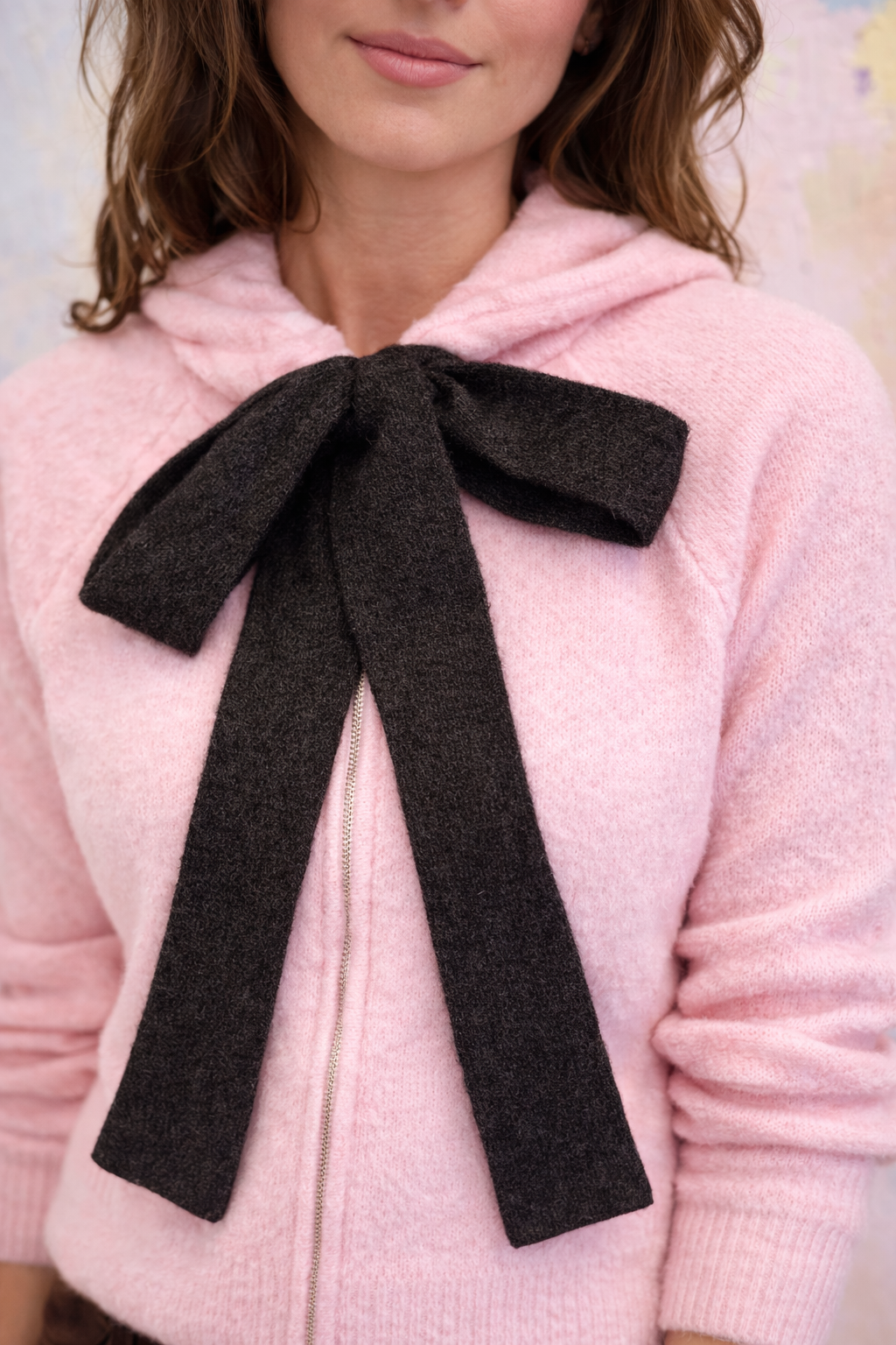 Patsy - Pink Knitted Hoody with Bow