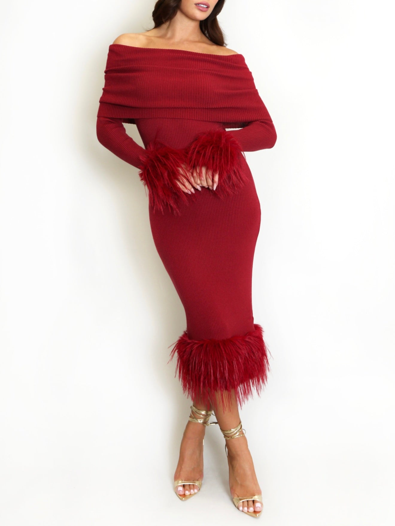 “Monica” Knitted Bardot MIDI Dress with Fur Detail