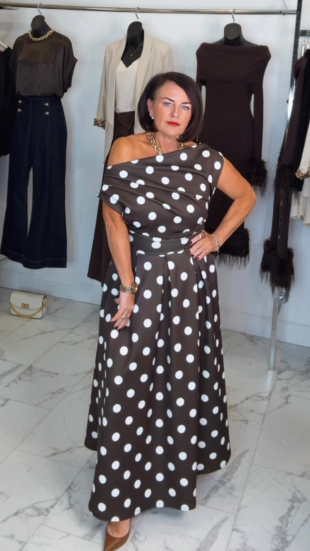 “Mandy” Polka Dot Dress - Brown