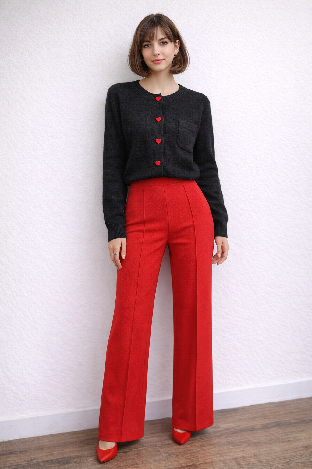 Soft Knit Cardigan with Red Velvet Heart Buttons