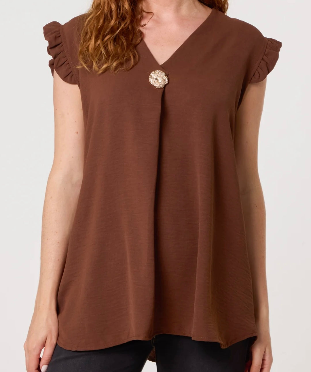 “Evie” Frill Sleeve Top with Gold Button Detail