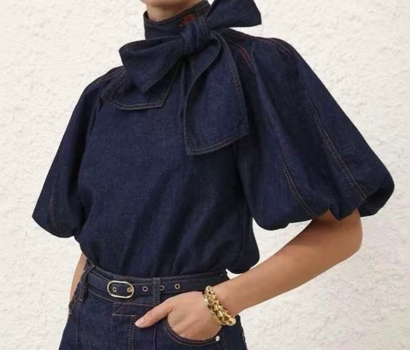 “Jasmin” Denim Puff Sleeve Top with Detachable Tie