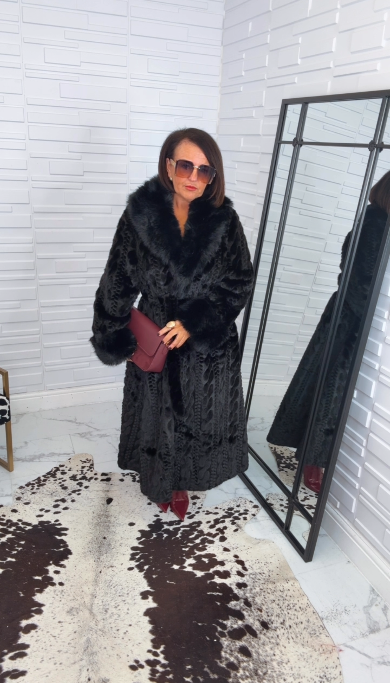 “Mitzy” Long Cable Design Fur Coat with Collar (Pre-Order)