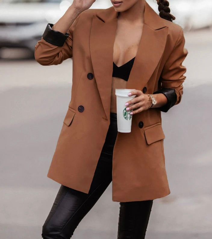 Toffee Coloured Blazer with Faux Leather Sleeve Detail