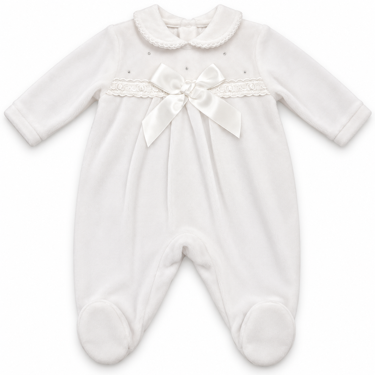 White Velour Lace & Bow Sleepsuit