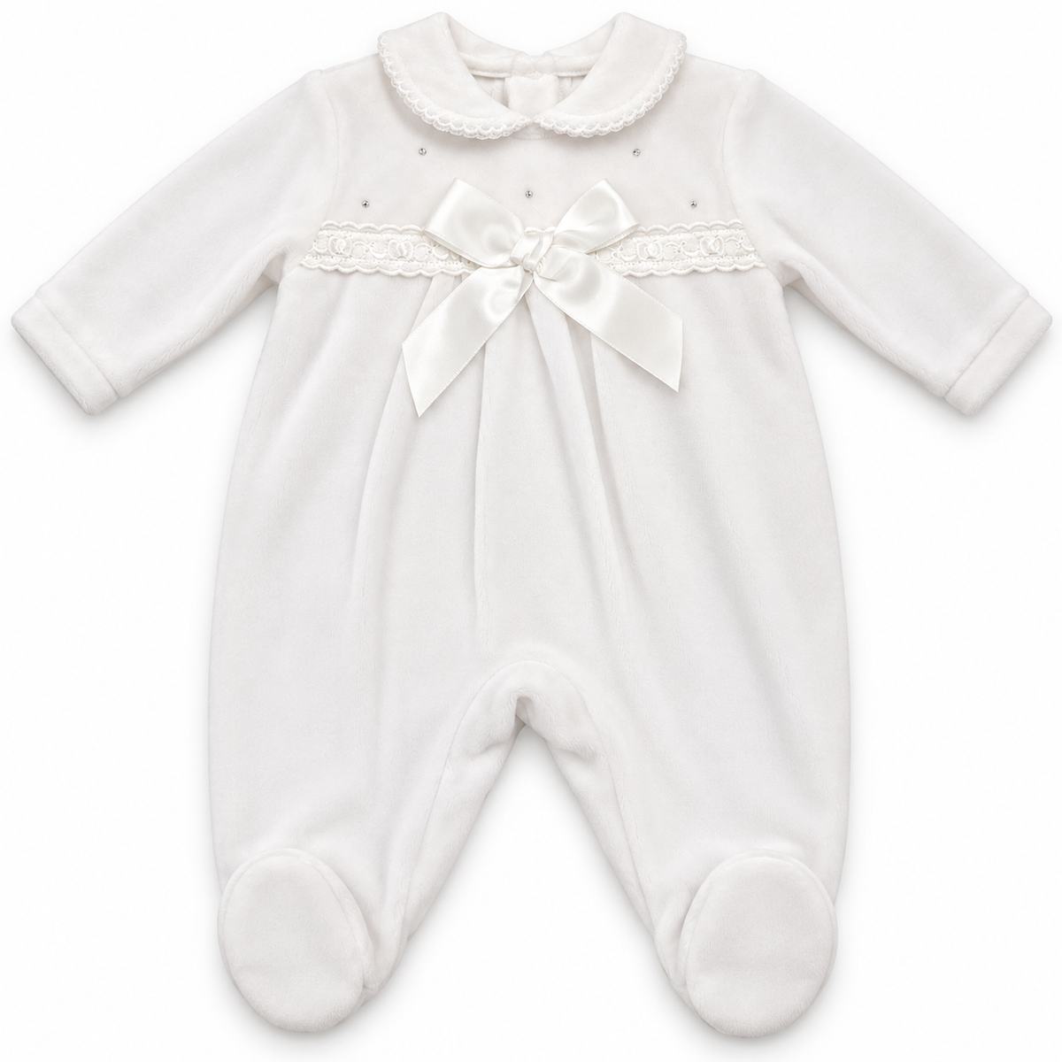 White Velour Lace & Bow Sleepsuit