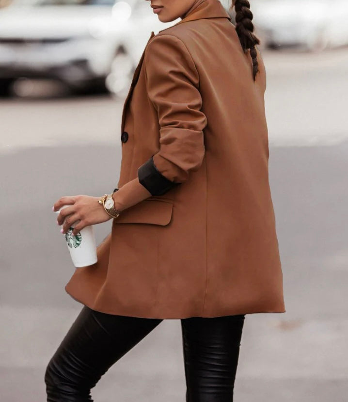 Toffee Coloured Blazer with Faux Leather Sleeve Detail