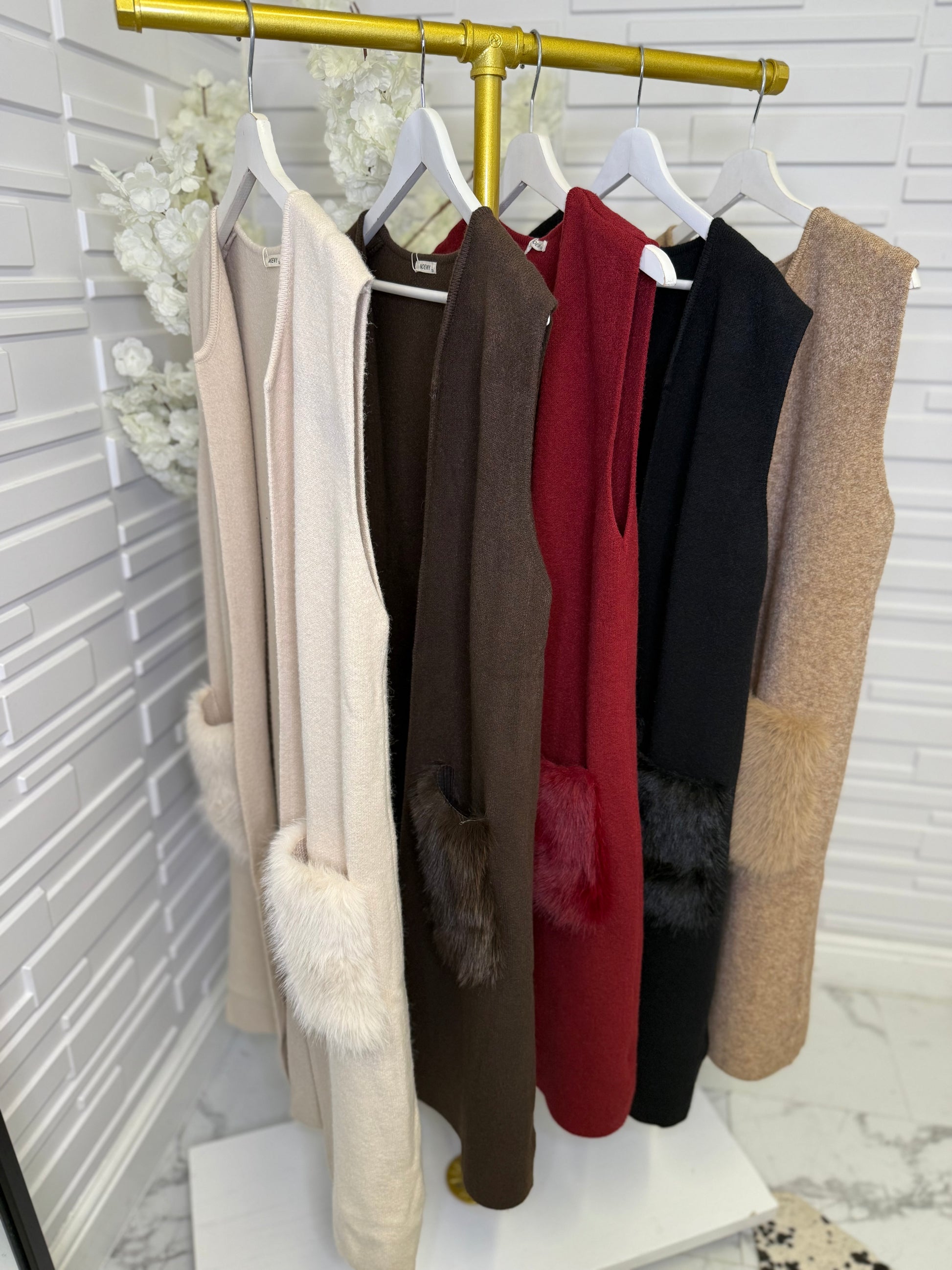 “Lilley” Longline Wool Gillet with Faux Fur Pocket Detail