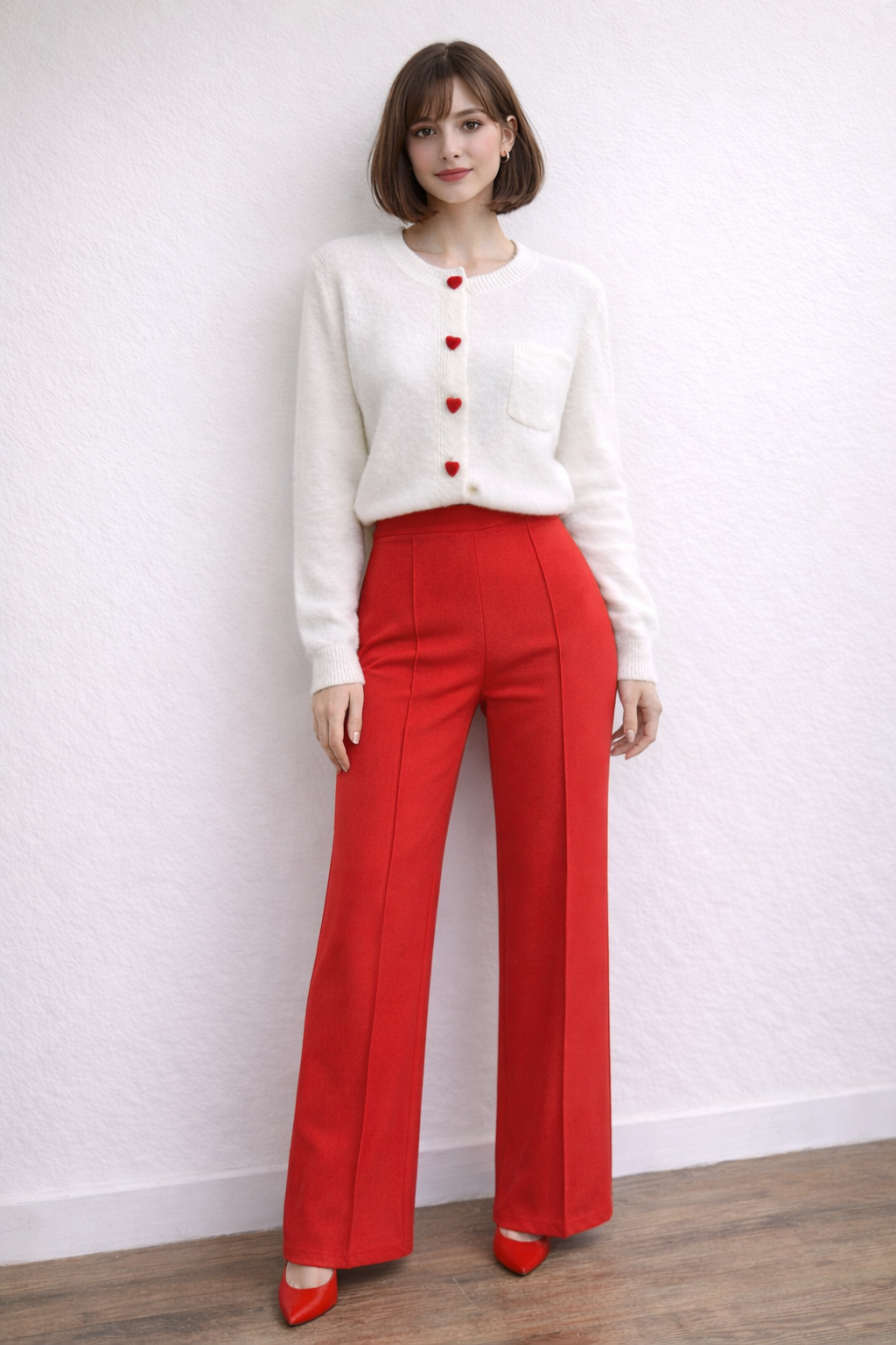 Soft Knit Cardigan with Red Velvet Heart Buttons