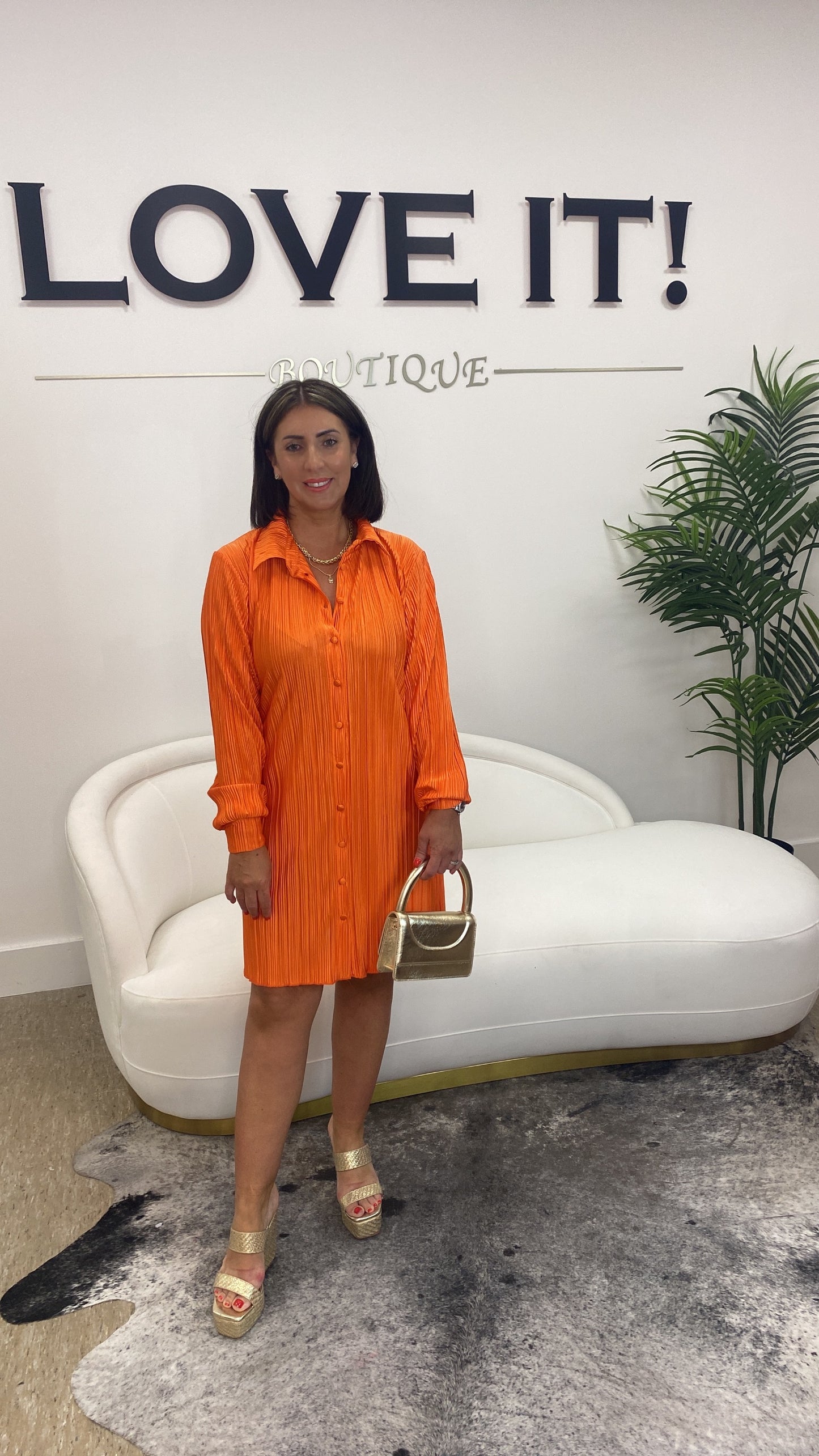 “Uma” Orange Pleated Shirt Dress