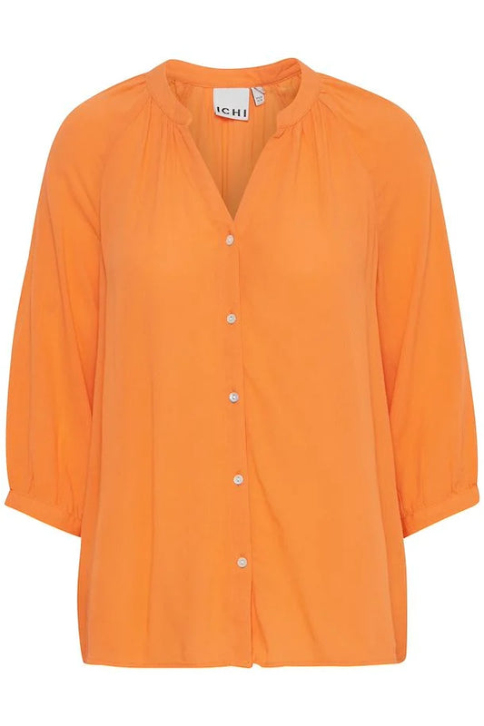 ICHI Orange Cheesecloth V Neck Shirt