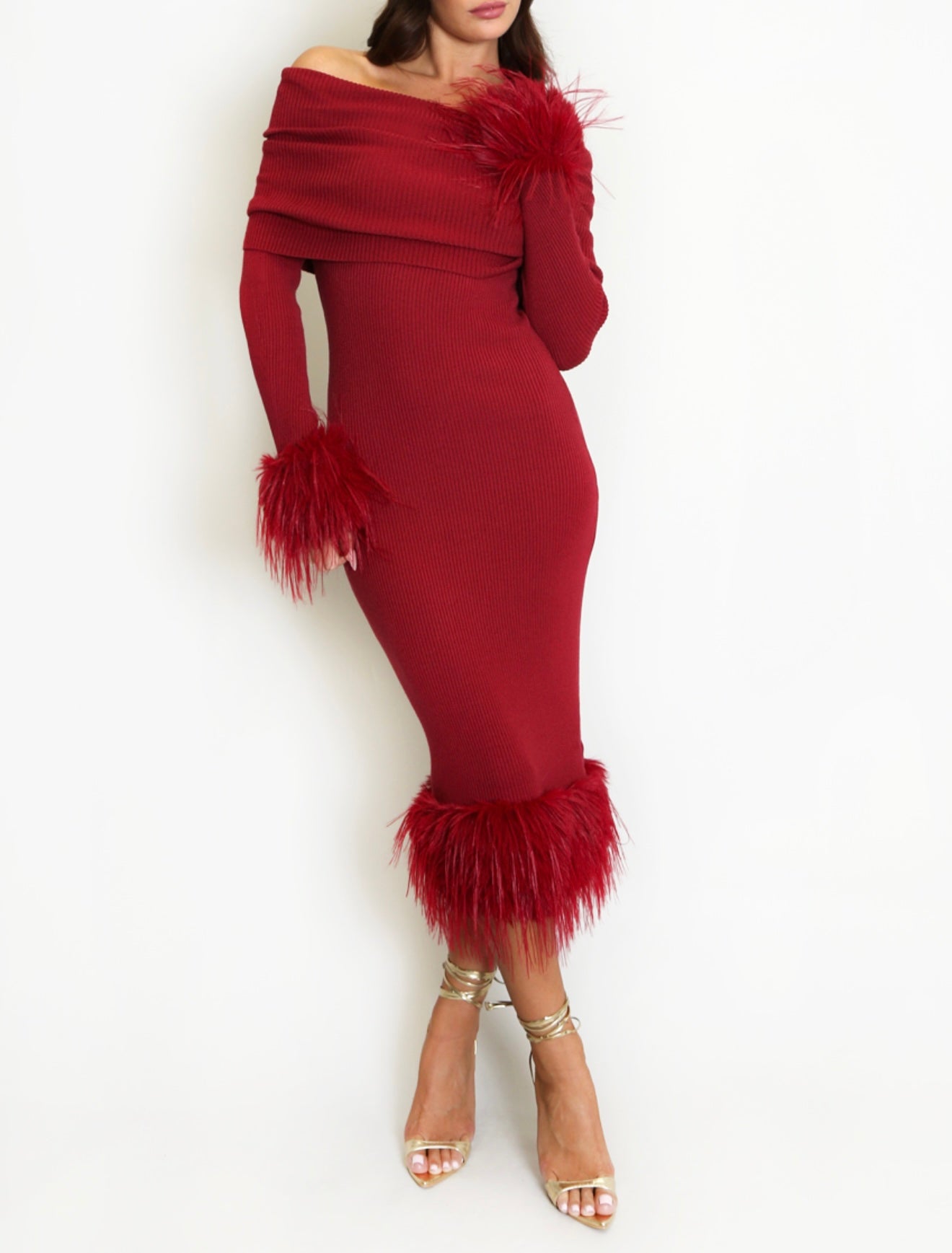 “Monica” Knitted Bardot MIDI Dress with Fur Detail