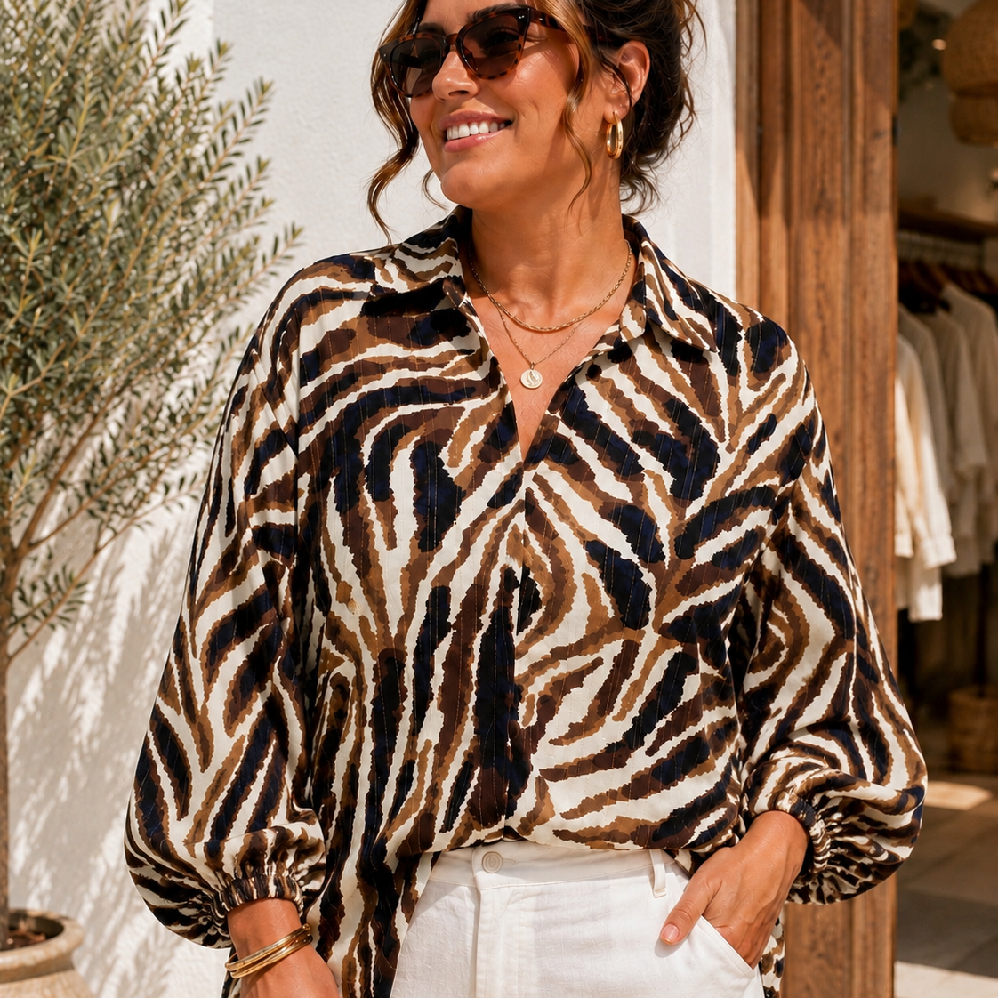 Amber - Zebra Print Pull-On Top – Relaxed Fit Top