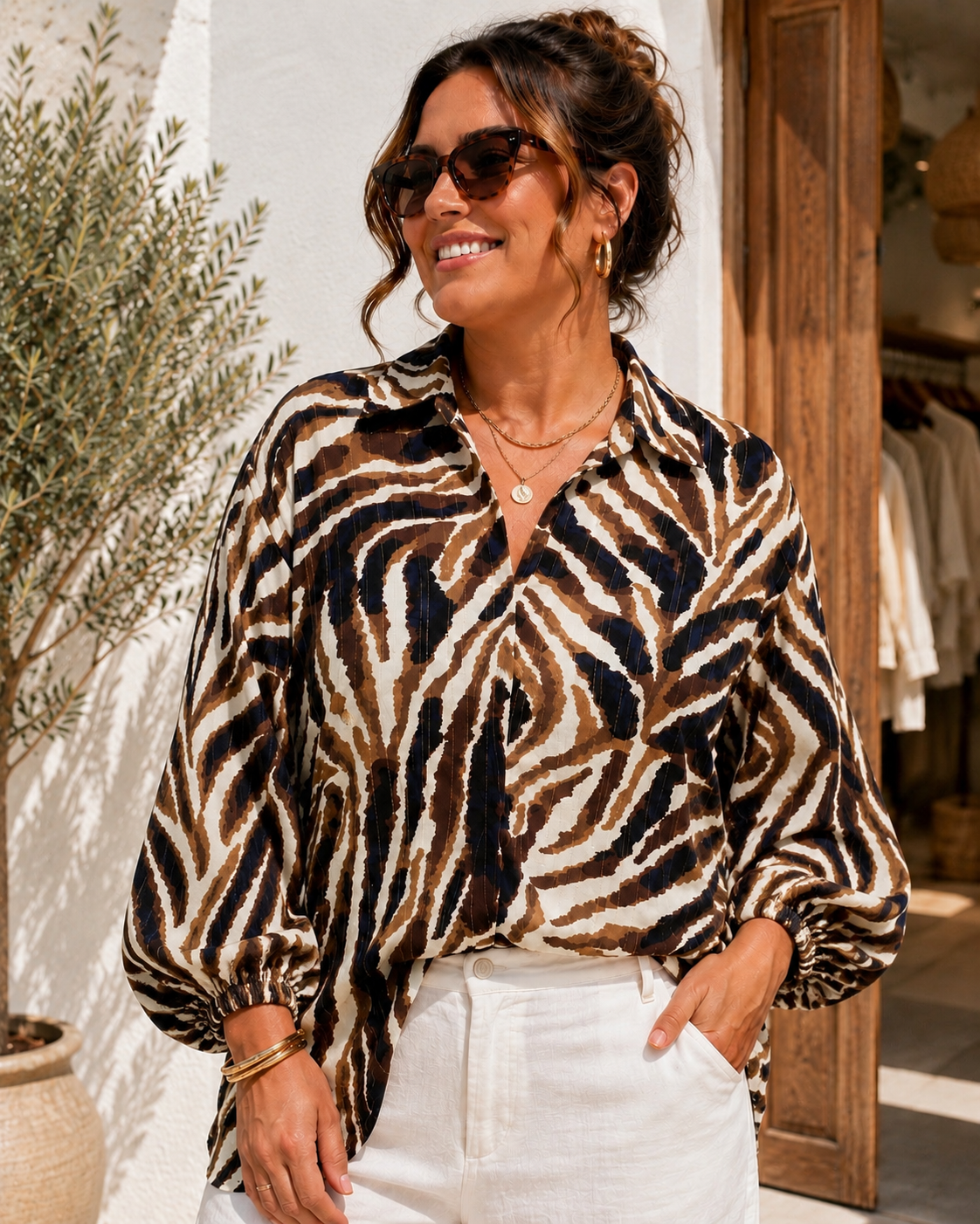 Amber - Zebra Print Pull-On Top – Relaxed Fit Top