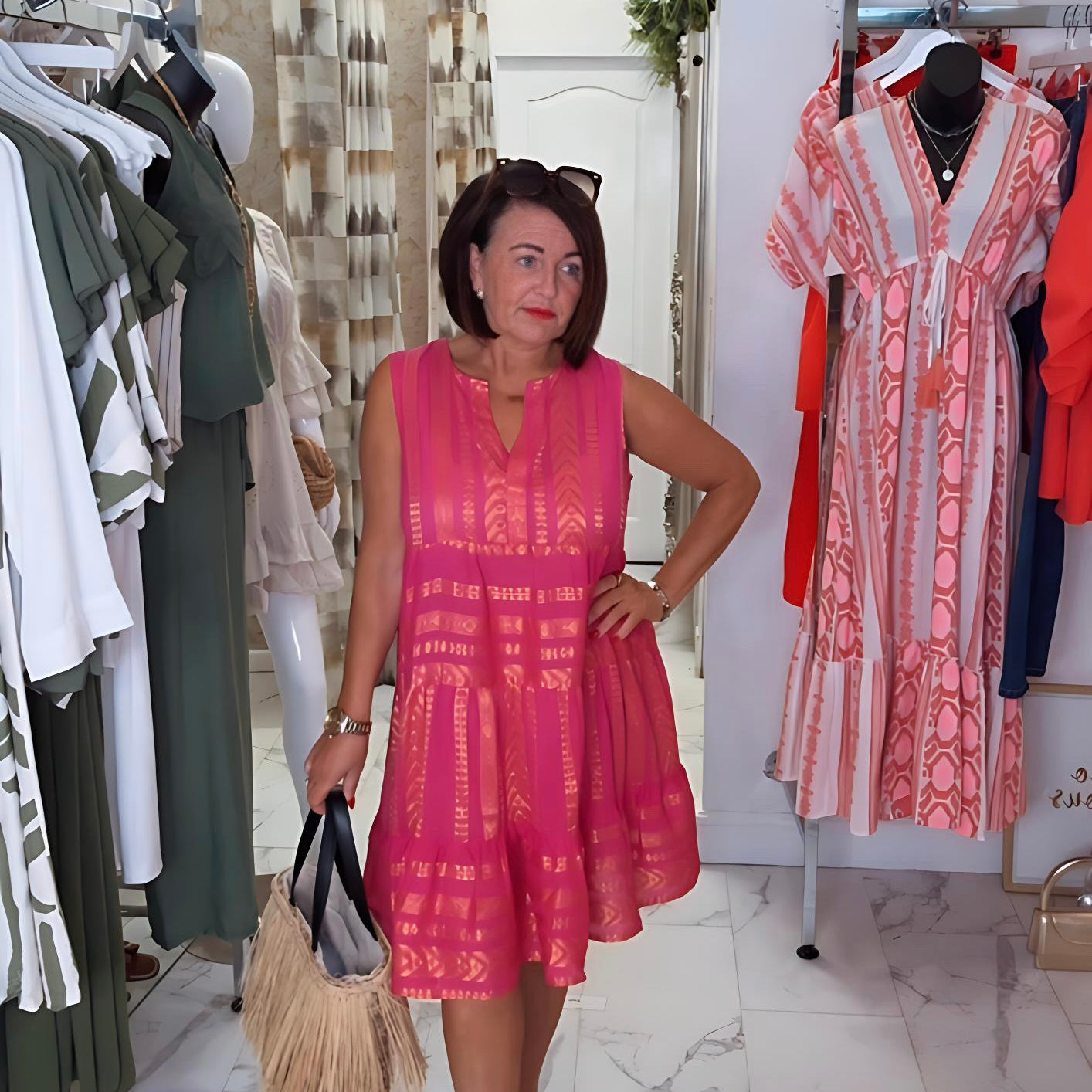 “Selma” Hot Pink Metallic Tiered Dress