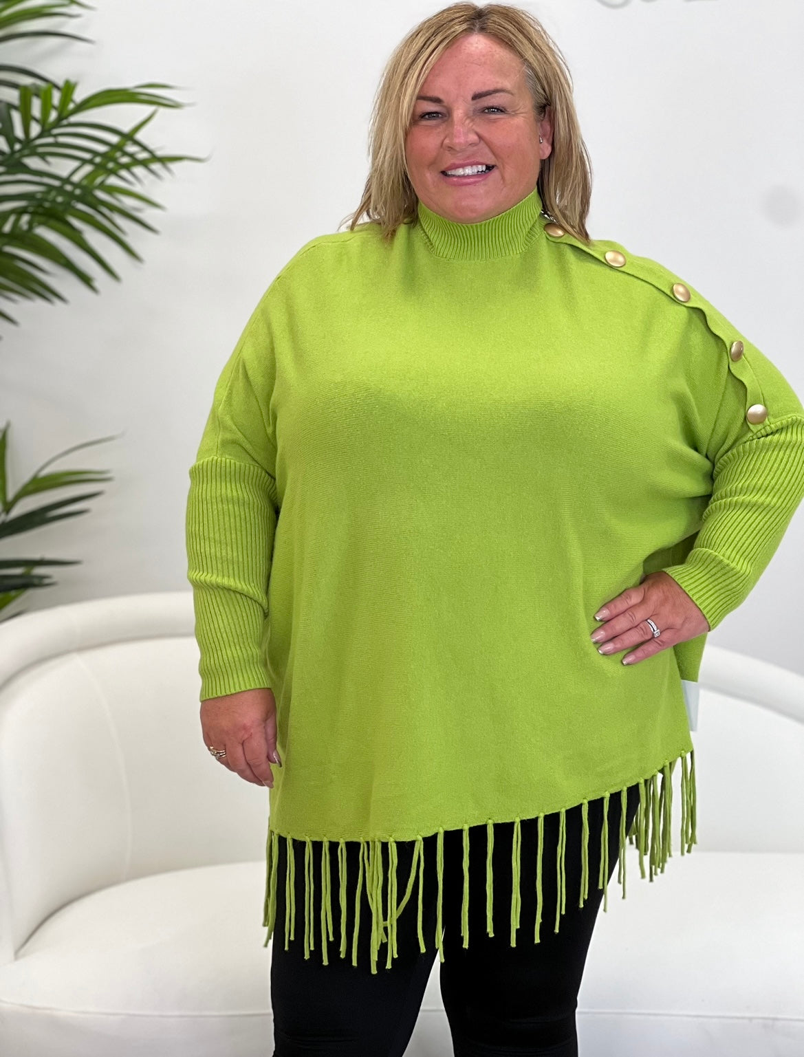 Lime Fringe Knit with Gold Button Details