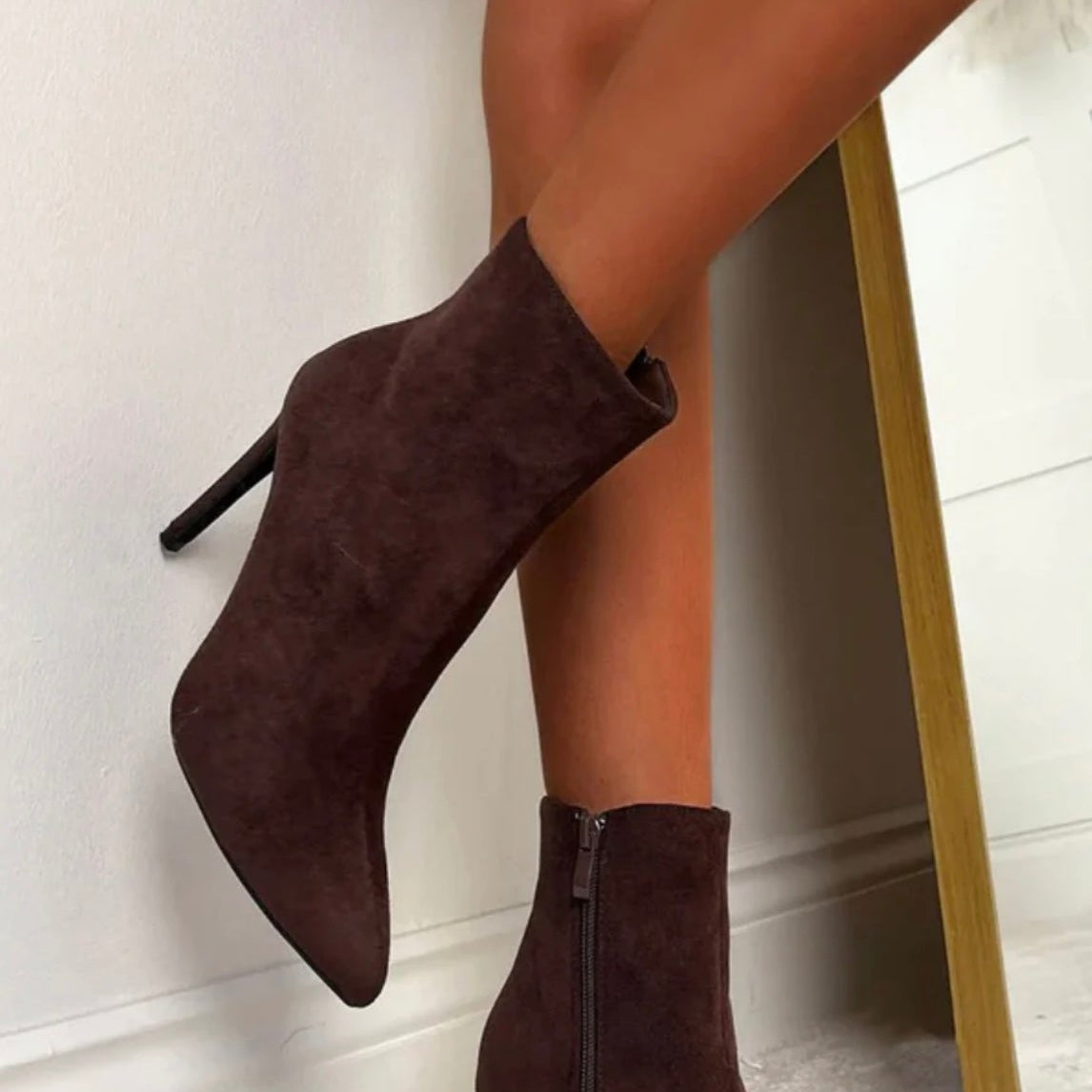 Chocolate Pointed-Toe Stiletto Ankle Boots