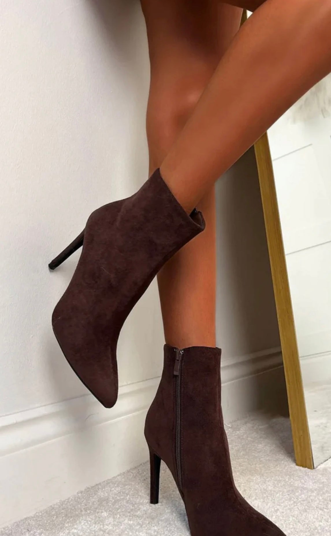 Chocolate Pointed-Toe Stiletto Ankle Boots