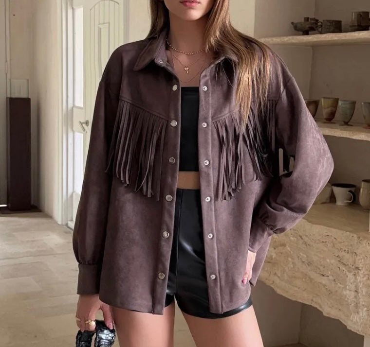 “Freya” Brown Suede Fringe SHACKET