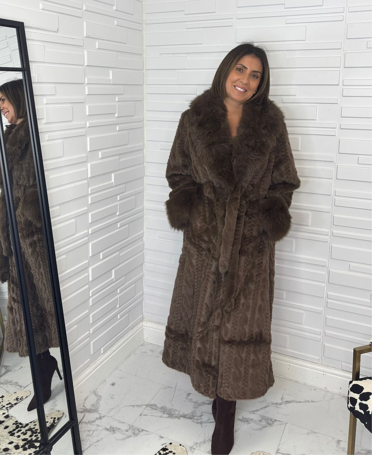 “Mitzy” Long Cable Design Fur Coat with Collar (Pre-Order)