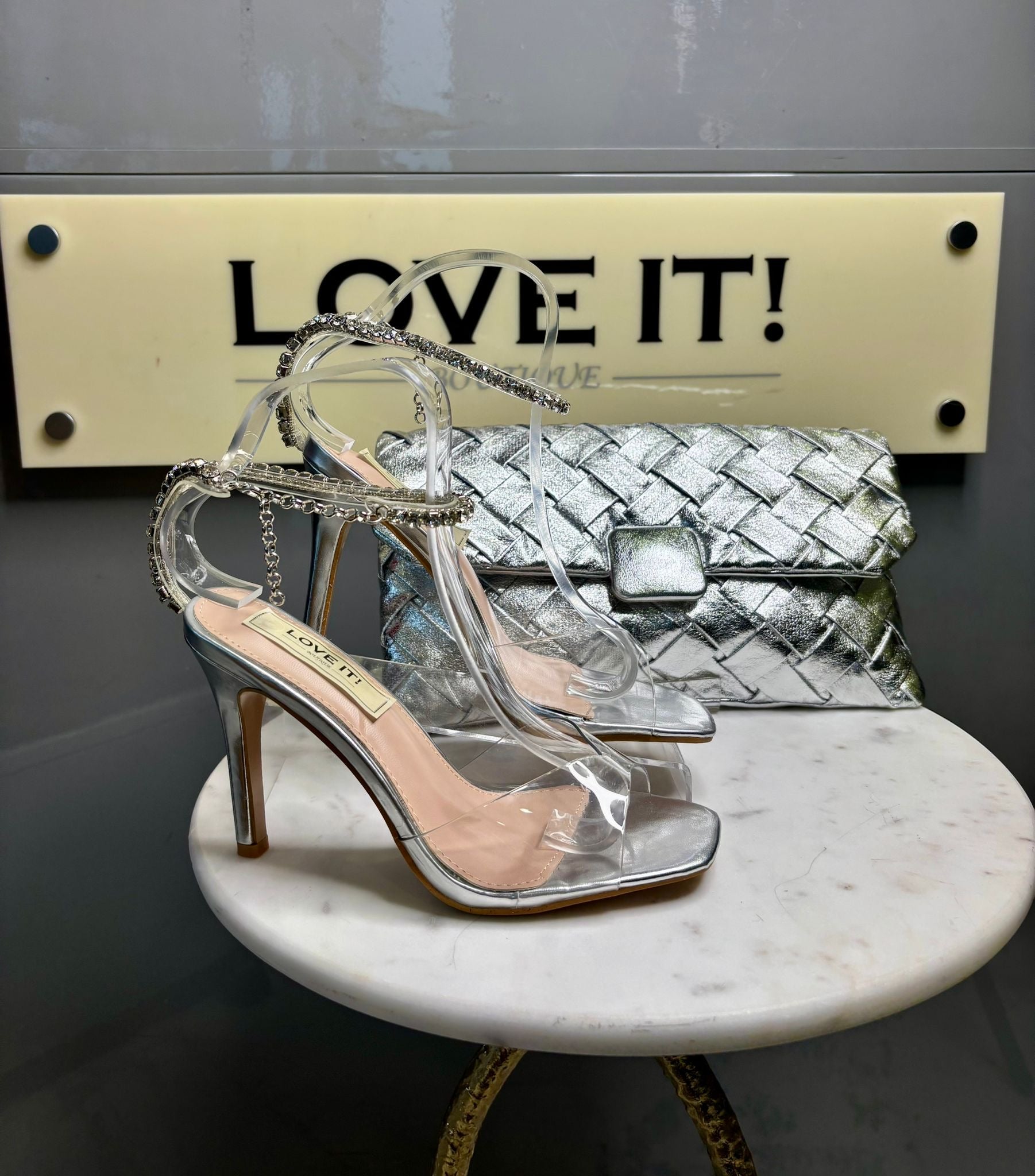 “Cherie” Perspex Heel with Diamonte Ankle Chain
