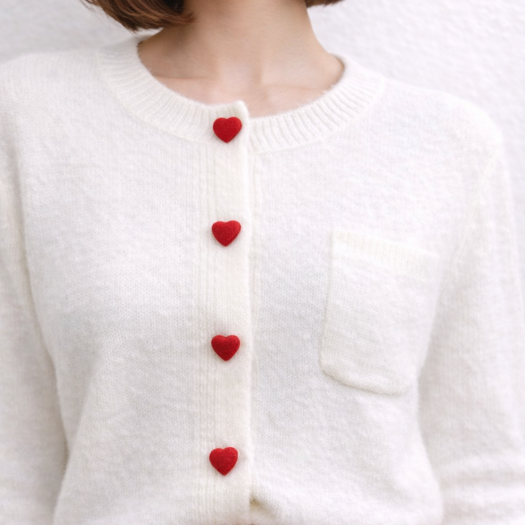 Soft Knit Cardigan with Red Velvet Heart Buttons