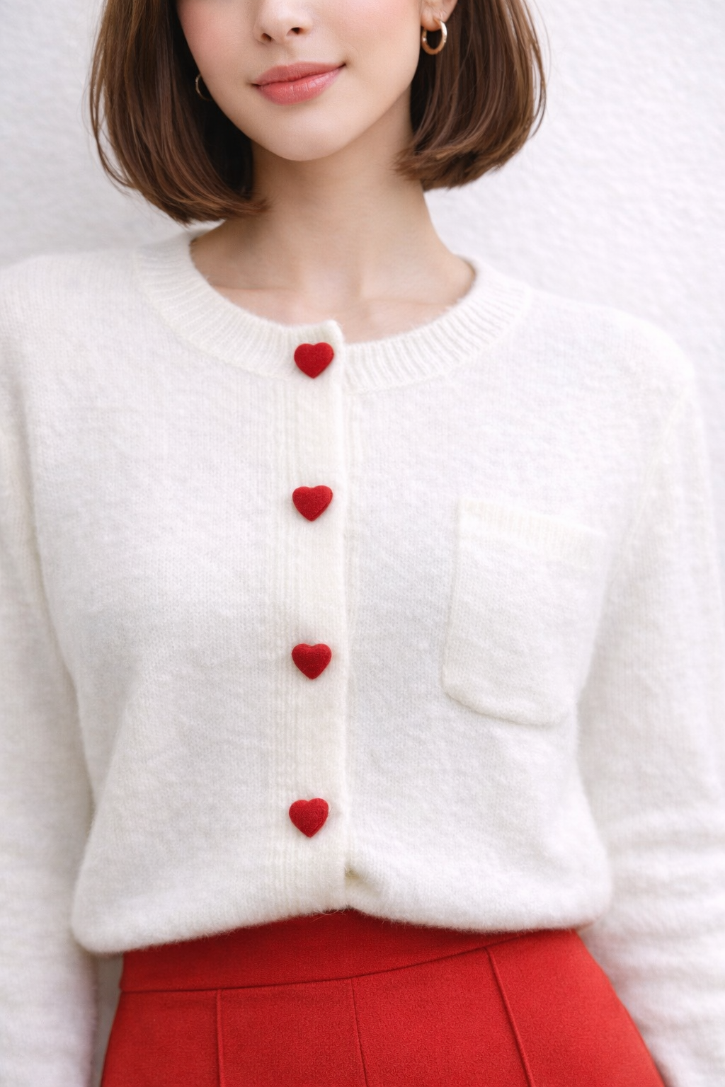 Soft Knit Cardigan with Red Velvet Heart Buttons
