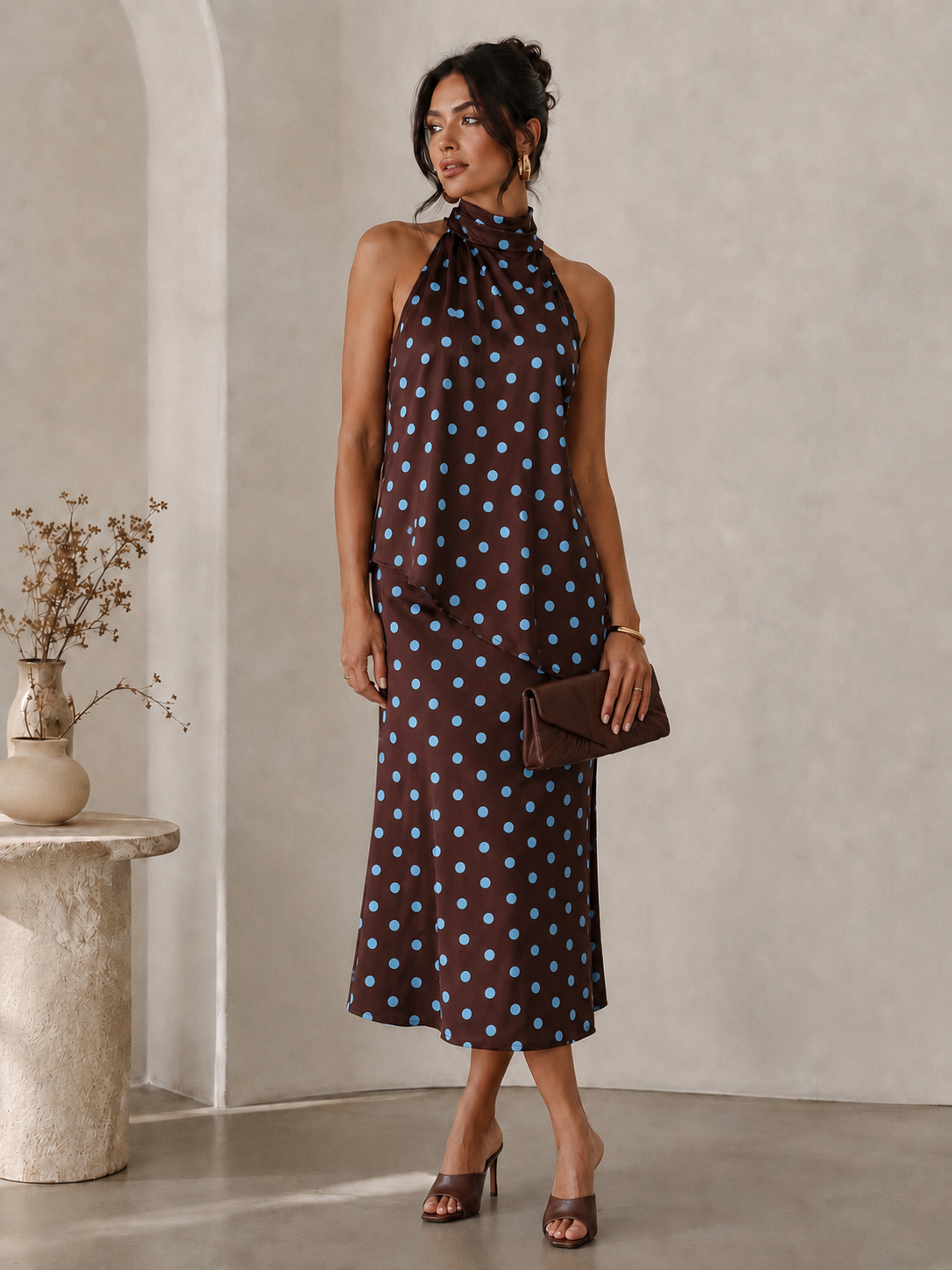 Luna-Satin Asymmetrical Polka Dot Halter Top