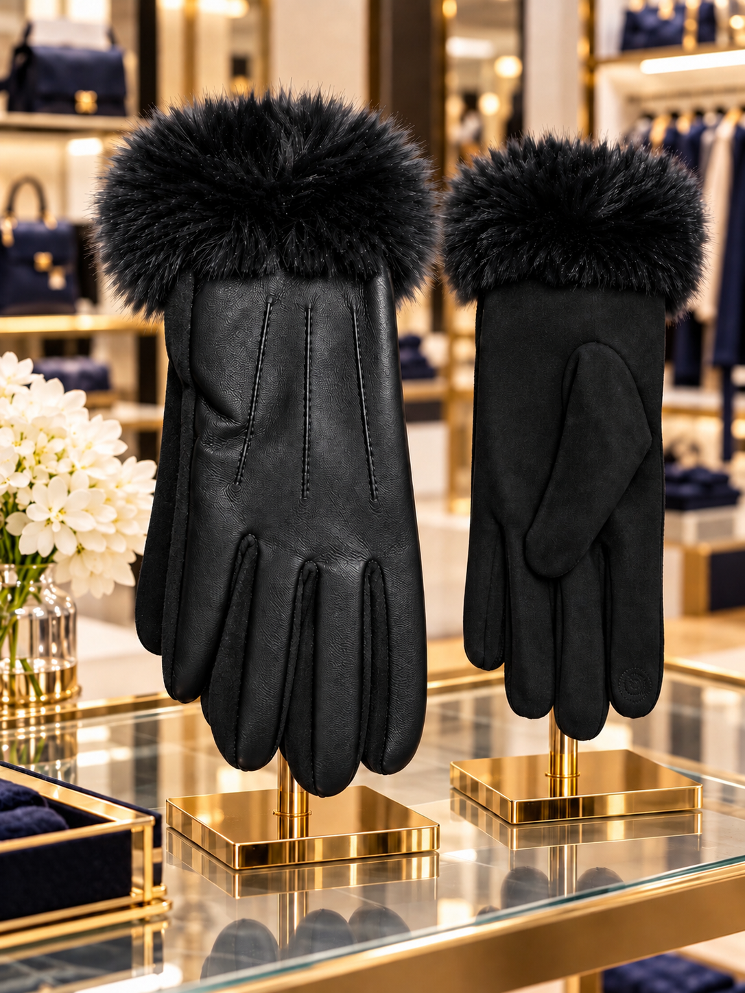 Faux Leather Fur-Trim Gloves