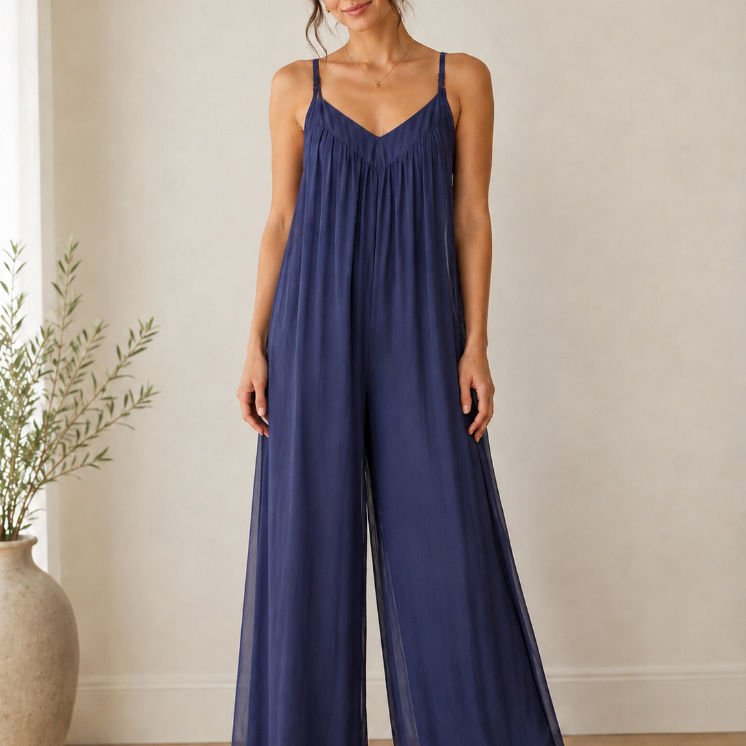 Cheryl - Navy Sleeveless Chiffon Wide Leg Jumpsuit