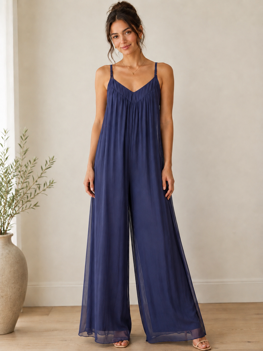 Cheryl - Navy Sleeveless Chiffon Wide Leg Jumpsuit