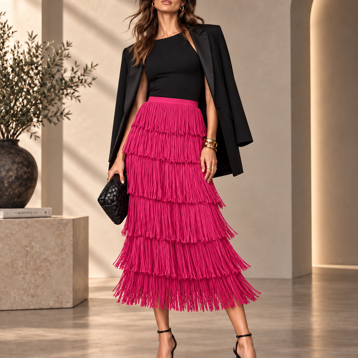 Tia - Tiered Fringe Midi Skirt
