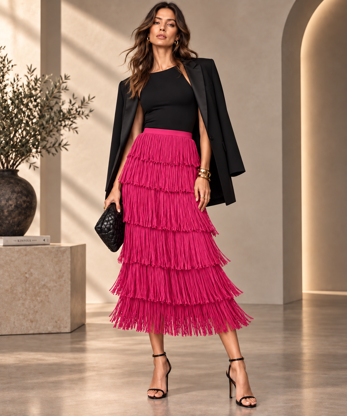 Tia - Tiered Fringe Midi Skirt