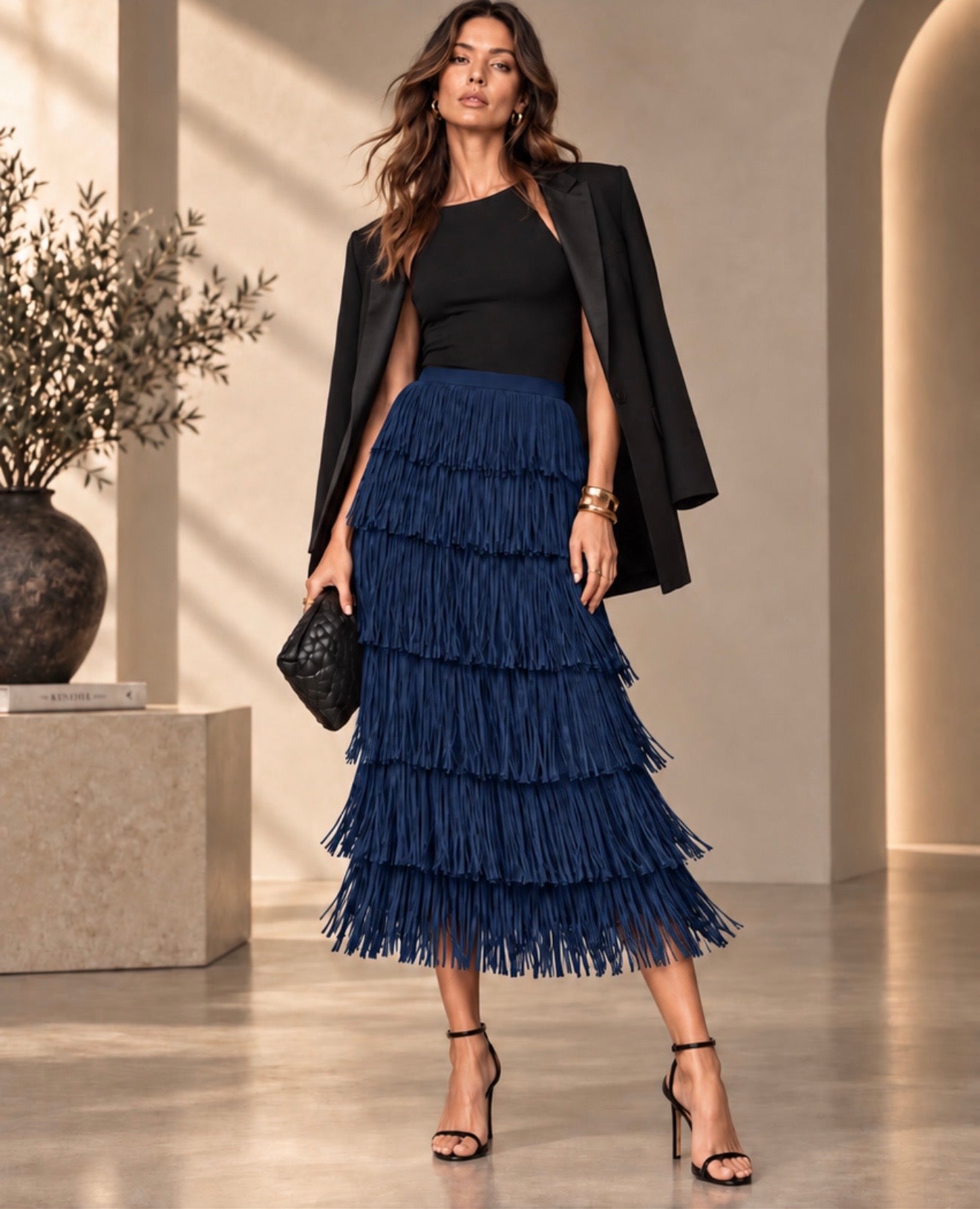 Tia - Tiered Fringe Midi Skirt