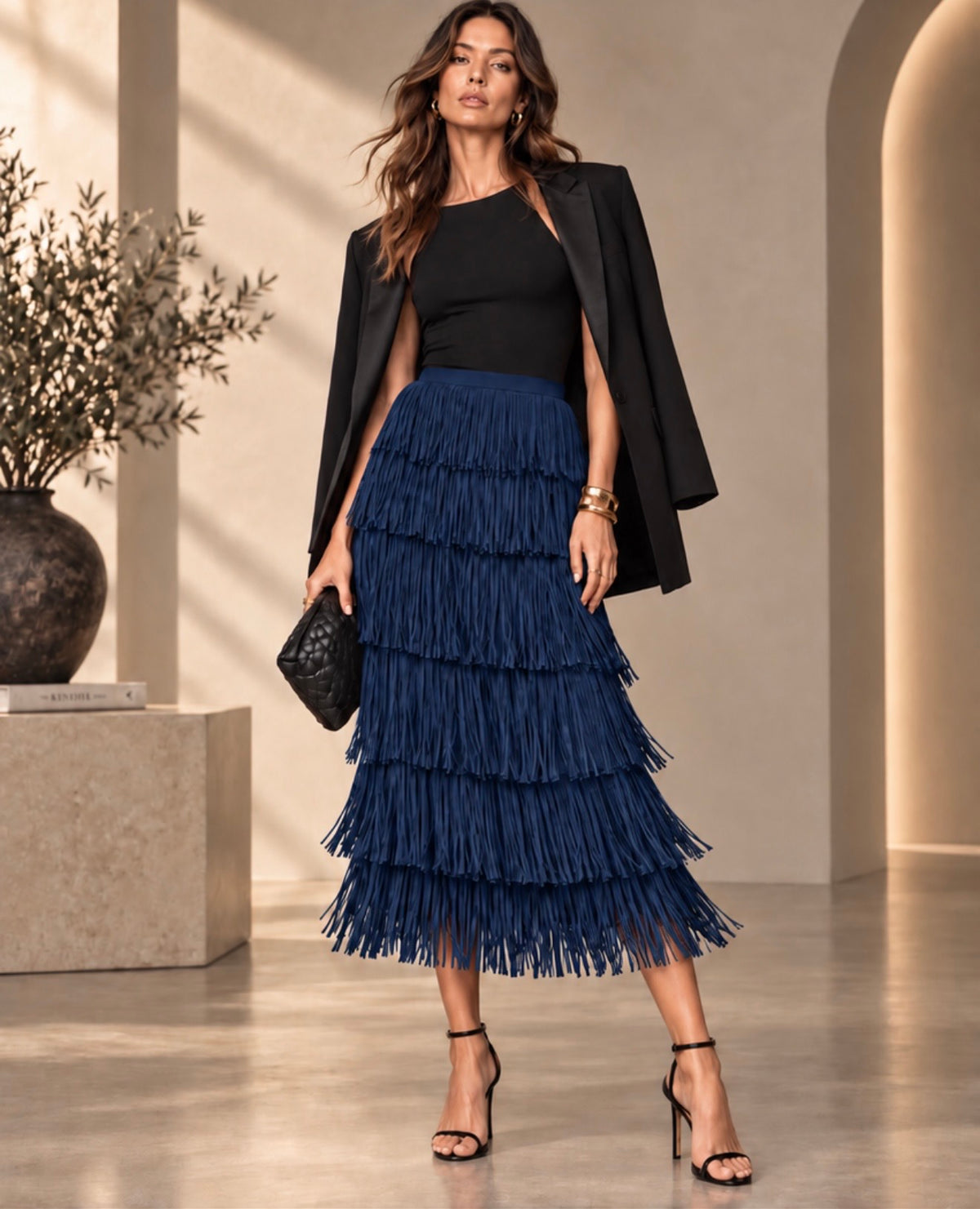 Tia - Tiered Fringe Midi Skirt
