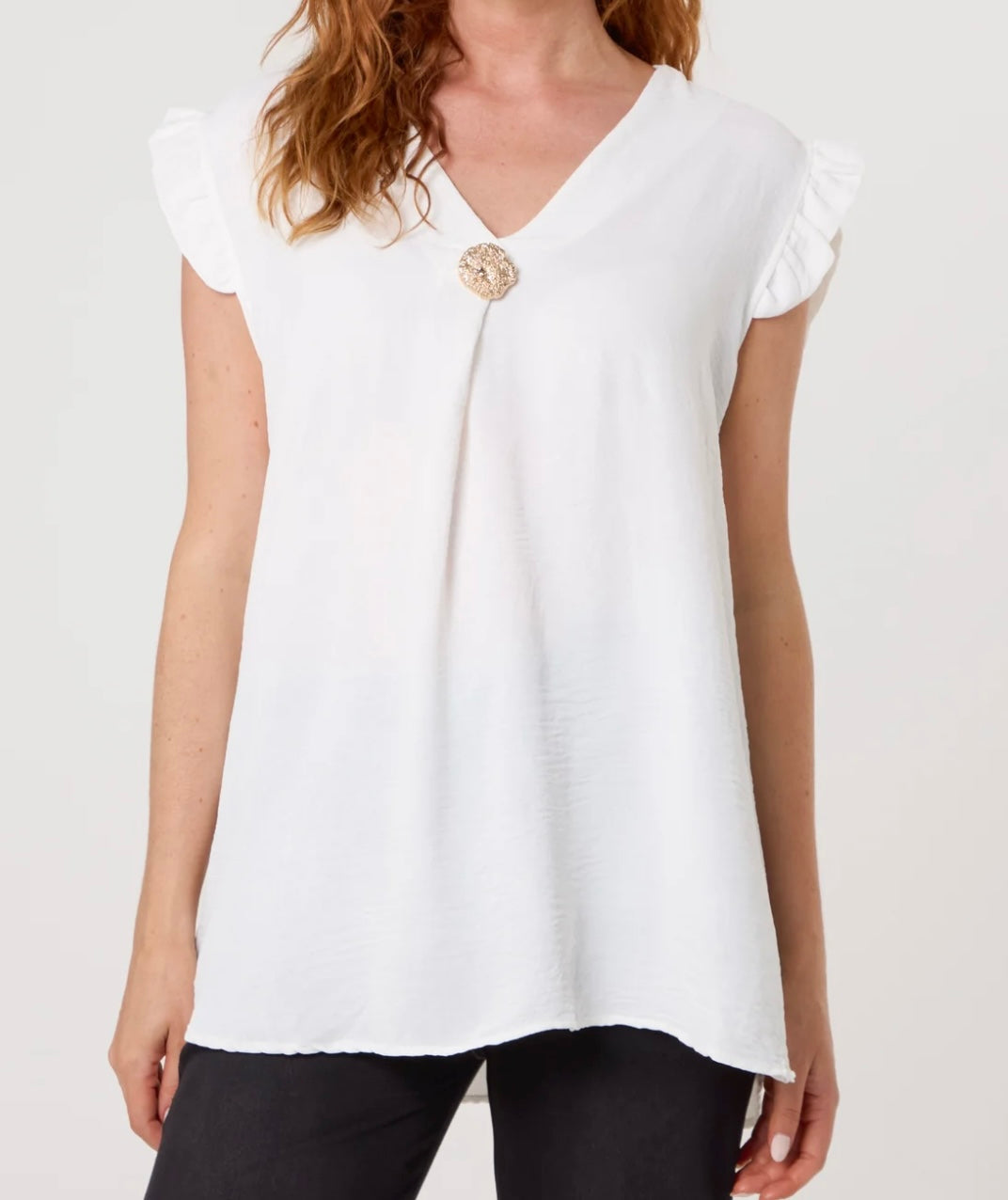 “Evie” Frill Sleeve Top with Gold Button Detail