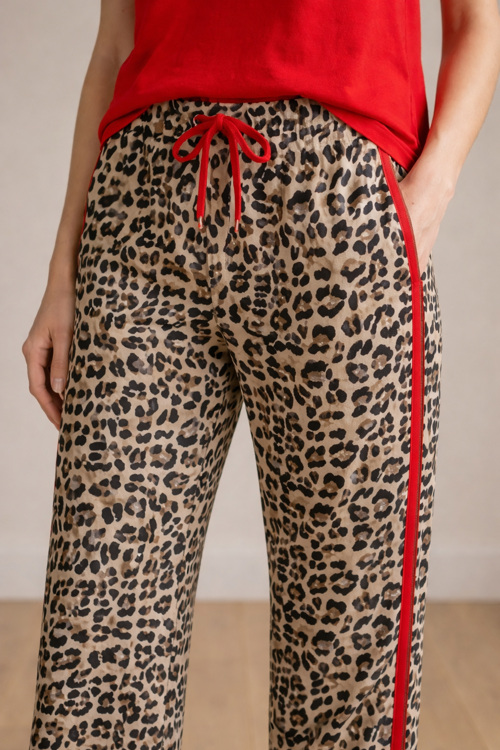 Leopard Relaxed Trousers with Red Stripe