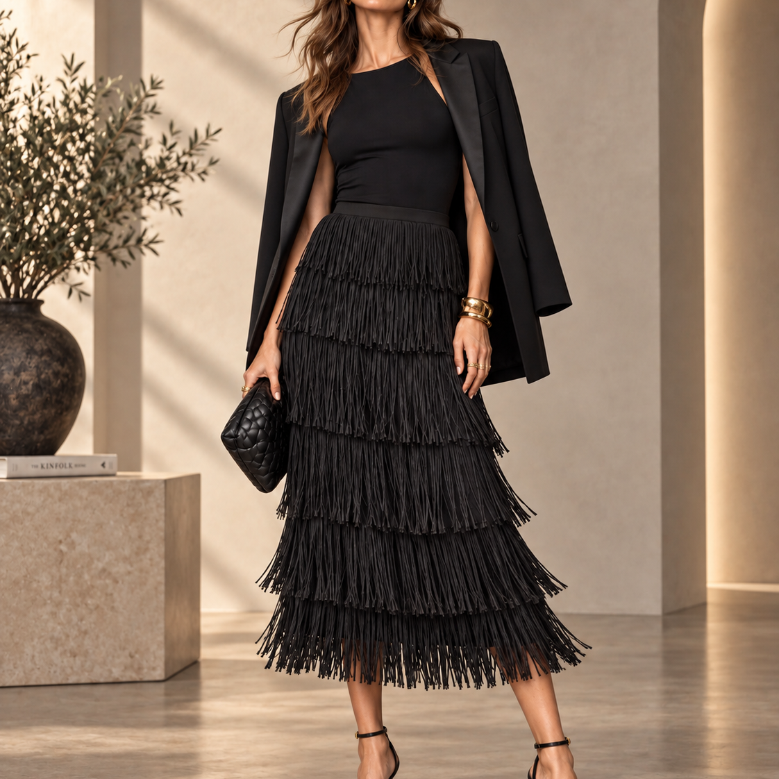 Tia - Tiered Fringe Midi Skirt
