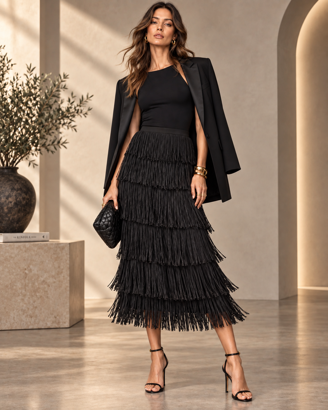 Tia - Tiered Fringe Midi Skirt