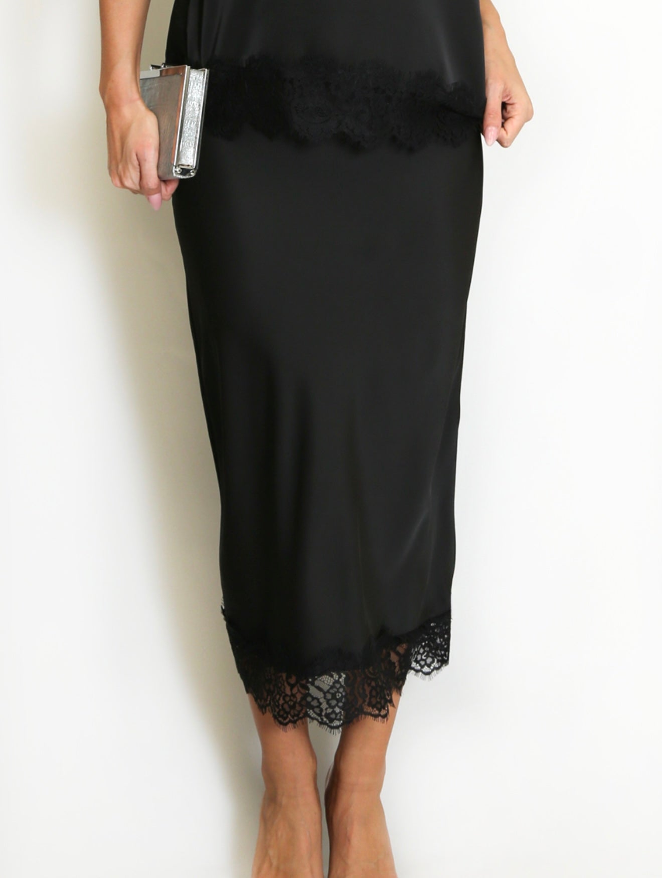 “Evie” Satin with Lace Trim Skirt