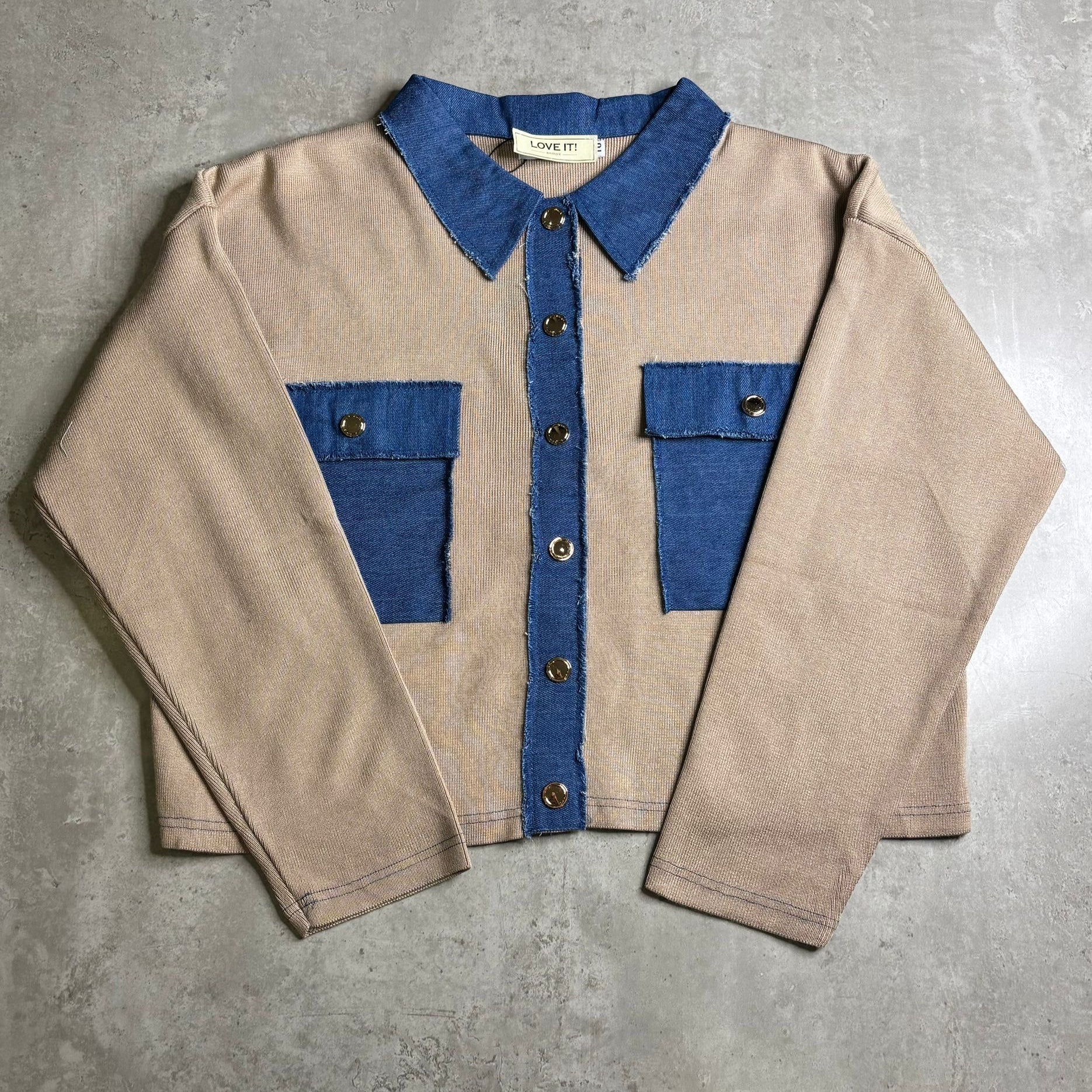 “Dolly” Denim Trim “Box Fit”Fine Knit Top