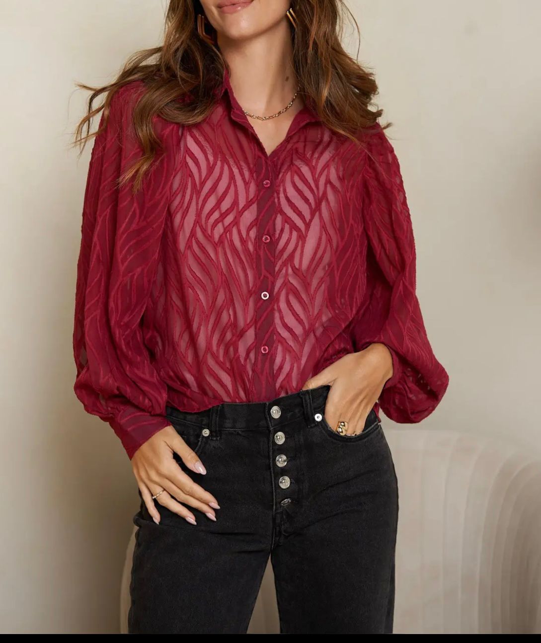 “Polly” Sheer Ballon Sleeve Blouse