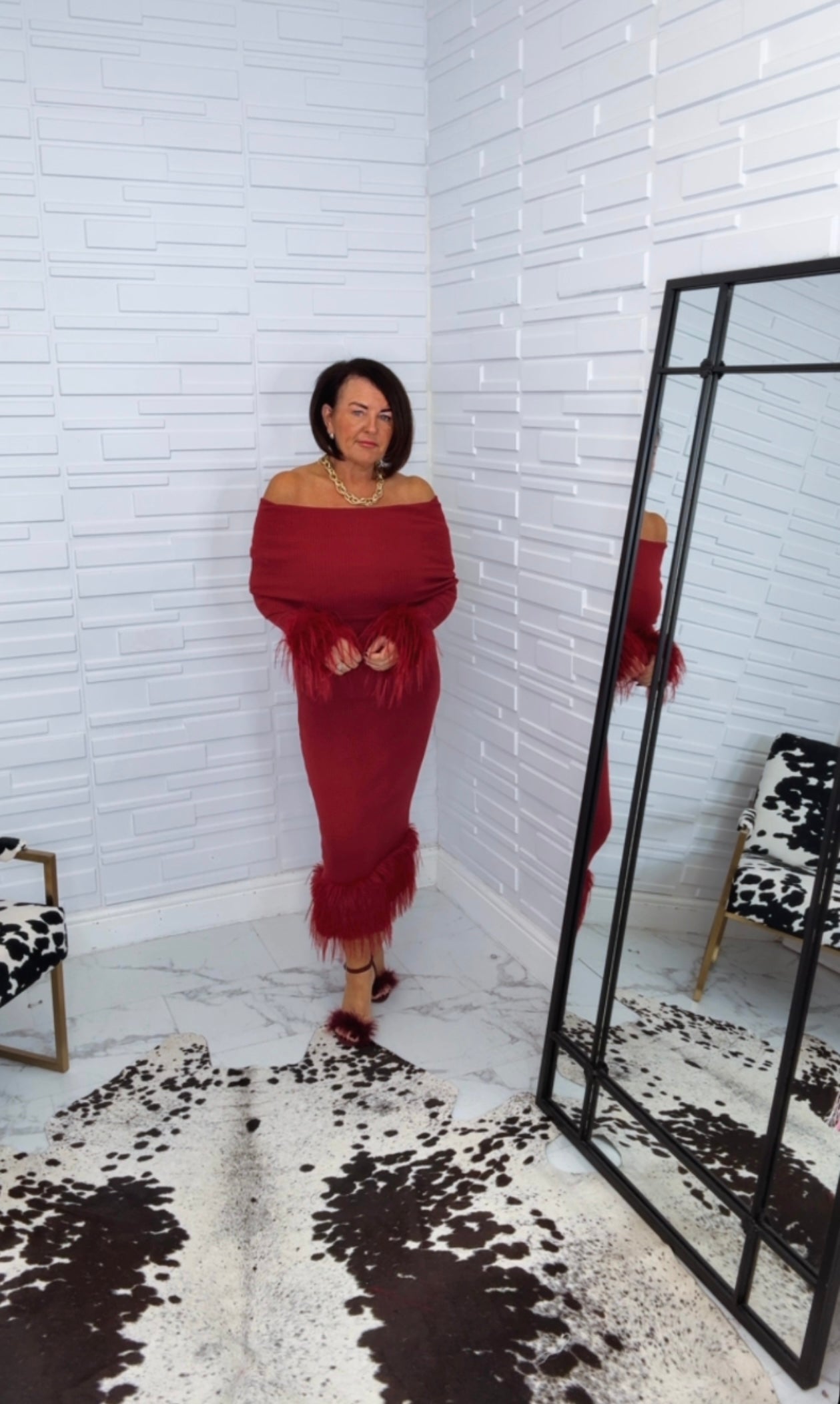 “Monica” Knitted Bardot MIDI Dress with Fur Detail