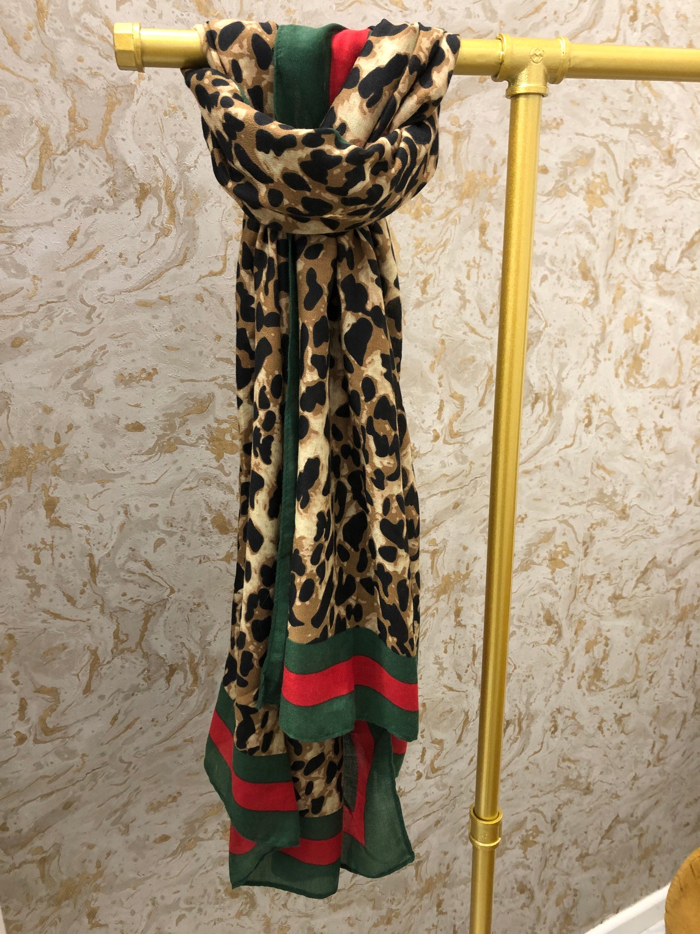 Leopard Scarf With Red and Green Trim