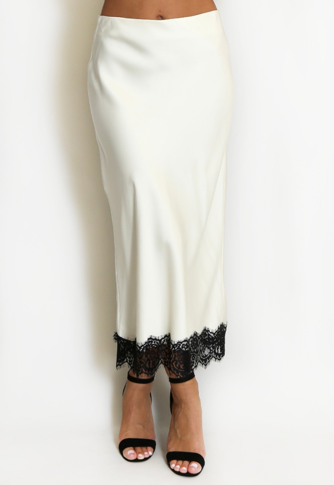 “Lilly” Satin Bias Skirt with Lace Hem