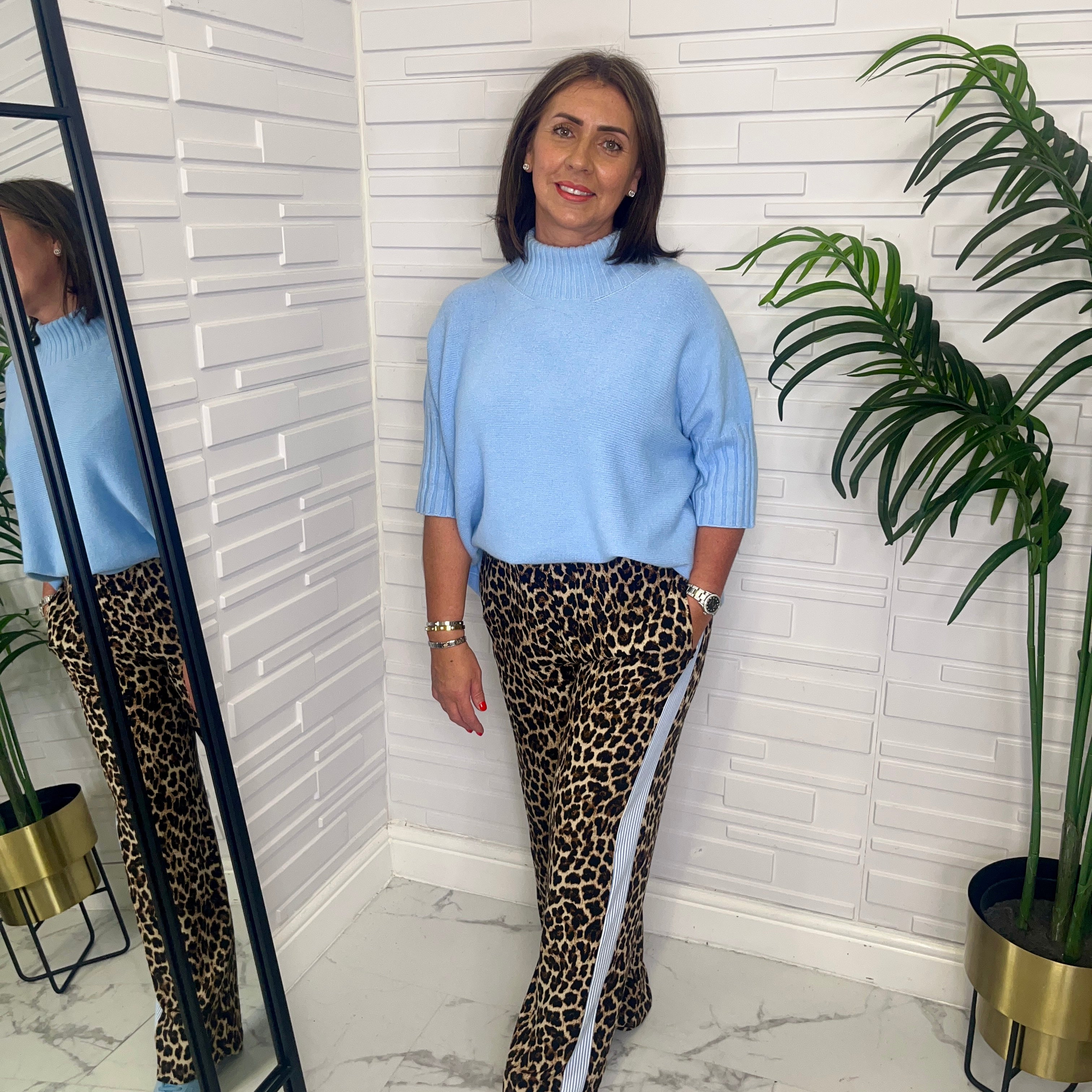 “Betsy” Leopard Wide Leg Trouser With Blue Stripe